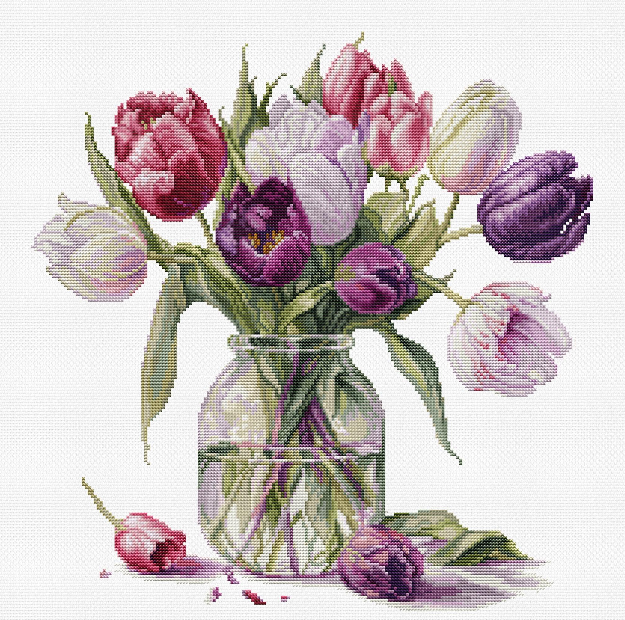 Cross-stitched pattern of tulips in a glass jar on a white background