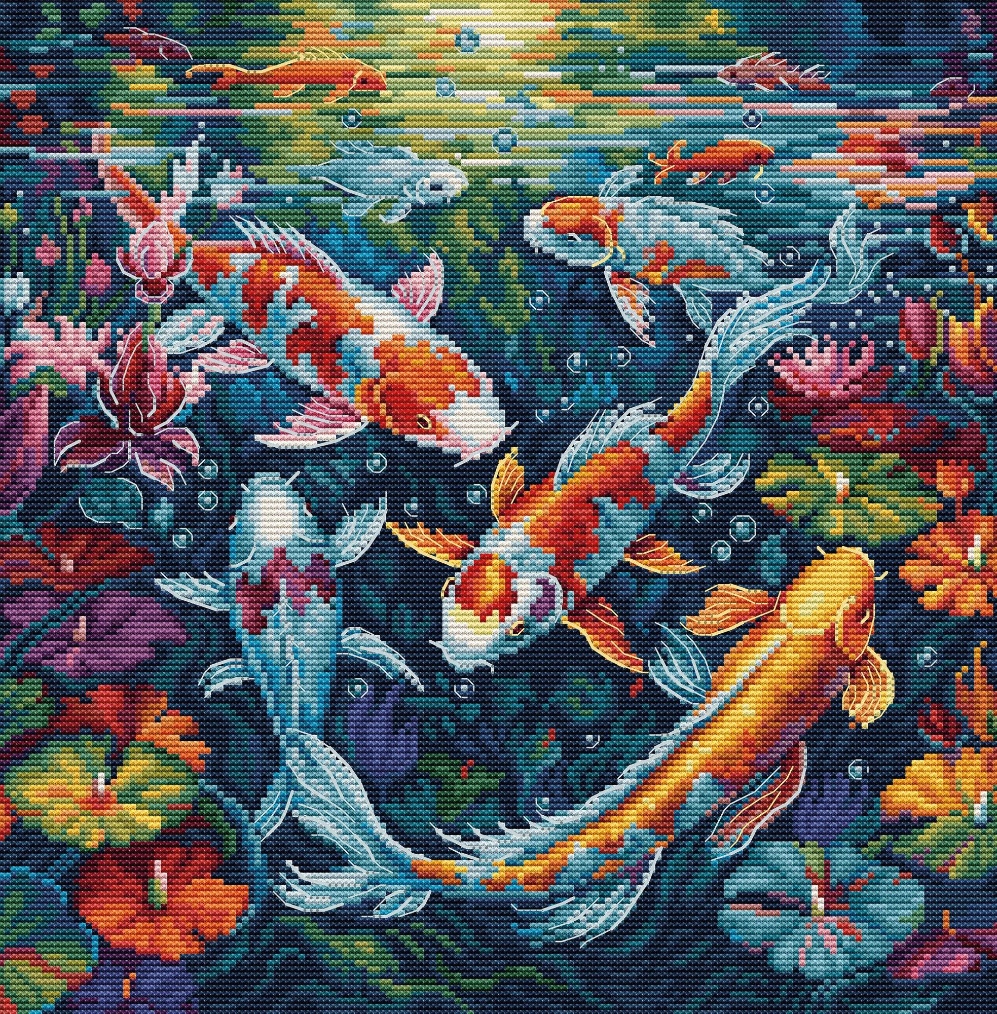 Colorful Koi fish and aquatic plants in a pond