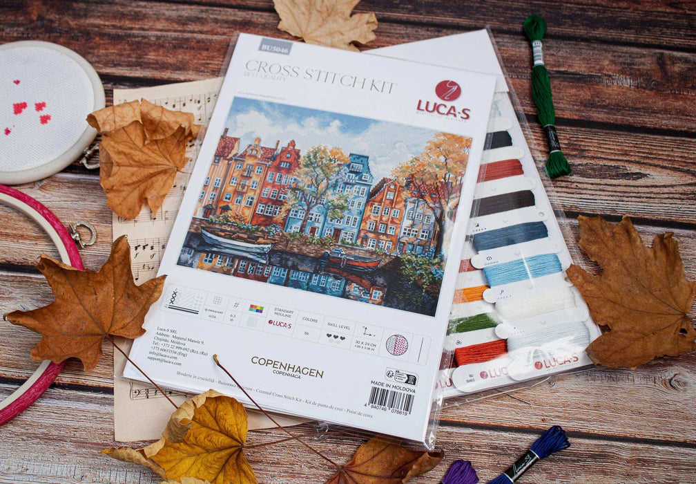 Cross-stitch kit with cityscape design on a wooden surface with leaves