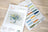 Design kit with color swatches and floral illustration on a wooden surface