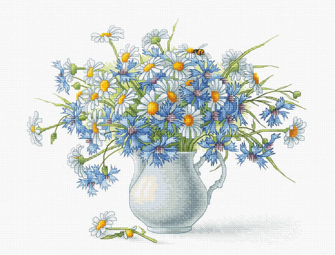 Cross-stitched design of a vase with blue and white flowers on a white background