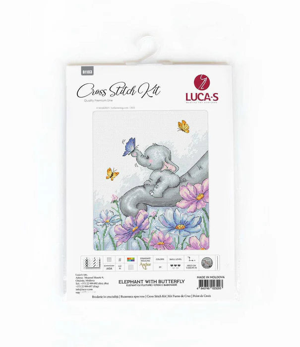 Lucas Cross Stitch Kit packaging featuring an elephant with a butterfly and flowers.