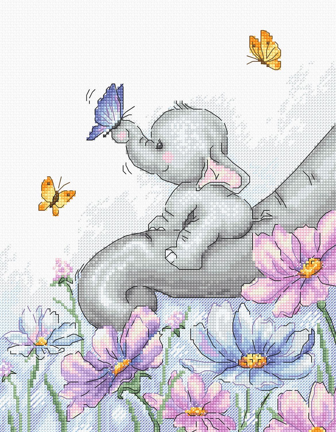 Cartoon elephant with butterflies and flowers on a white background