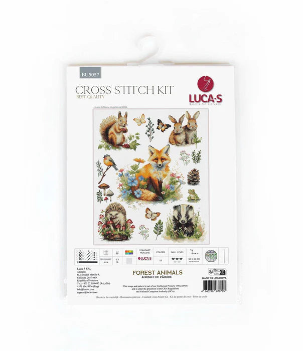 Lucas cross stitch kit packaging with forest animals design on a white background