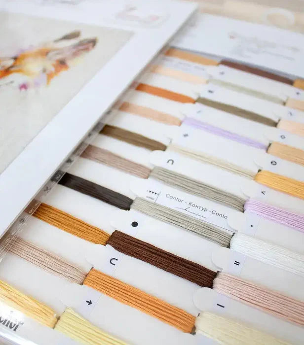 Set of embroidery threads in a box with a close-up view