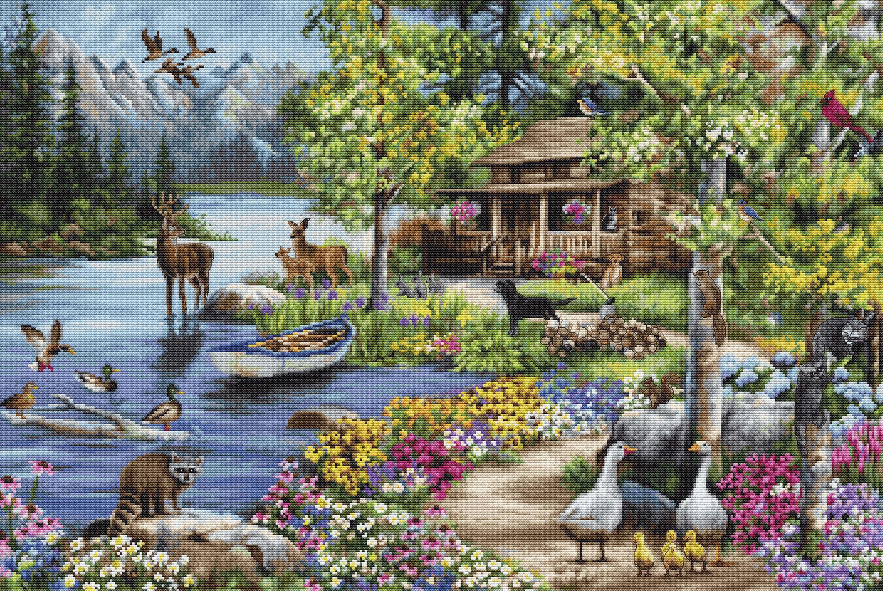 Scenic landscape with cabin, lake, and wildlife in a cross-stitch pattern