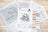 Cross-stitch kit with pattern, thread colors, and design on a wooden surface