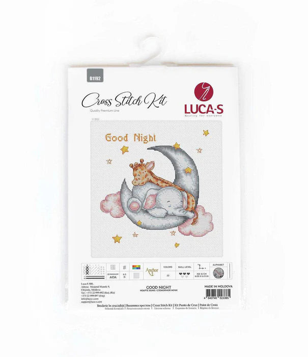 Cross stitch kit packaging featuring a design of a tiger and elephant on a moon with 'Good Night' text, branded as Luca-S.