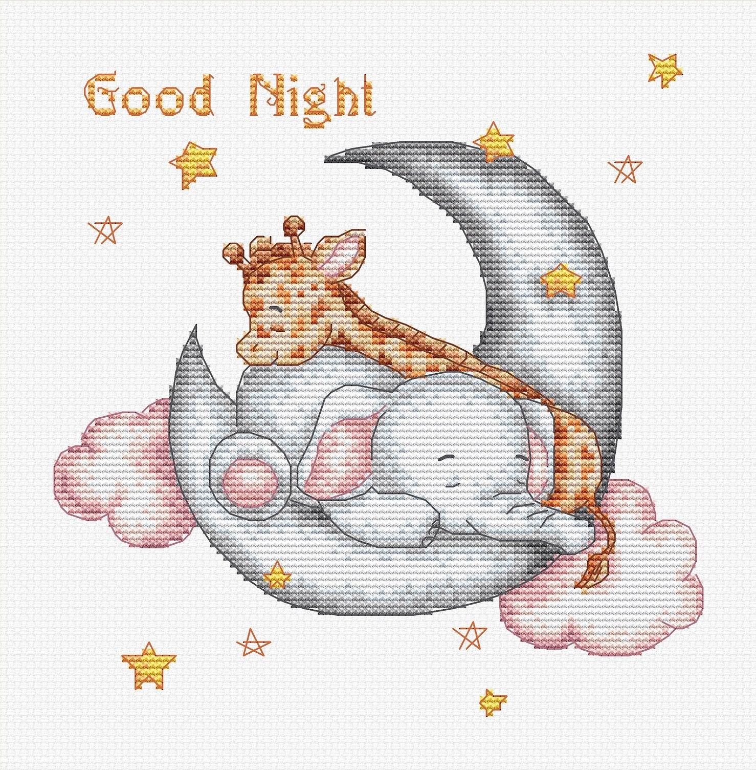 Cross-stitched design of a giraffe and elephant on a moon with 'Good Night' text and stars.