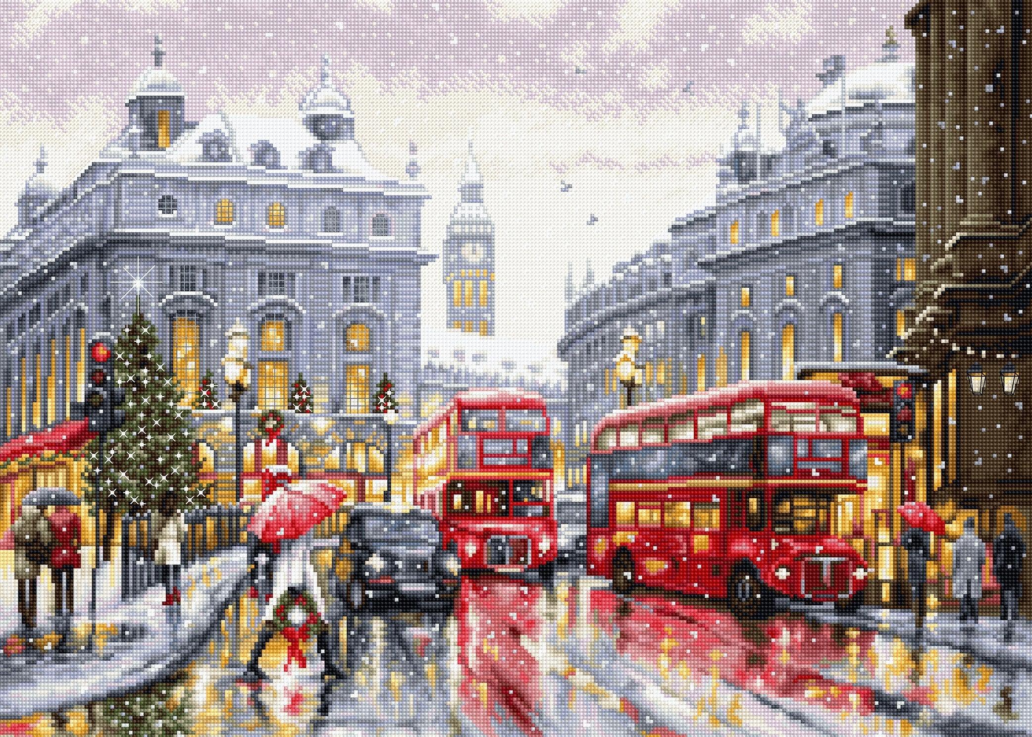 Christmas-themed city street with red double-decker buses, people with umbrellas, and snowfall.
