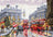 Christmas-themed city street with red double-decker buses, people with umbrellas, and snowfall.
