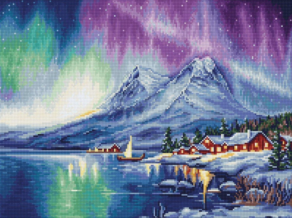 Winter landscape with snowy mountains, a lake, and cabins under a vibrant aurora borealis sky.