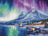 Winter landscape with snowy mountains, a lake, and cabins under a vibrant aurora borealis sky.