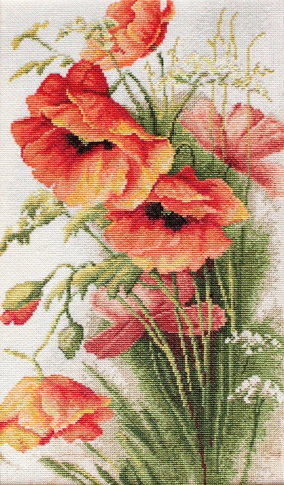 Cross-stitched pattern of red and orange flowers with green leaves on a white background