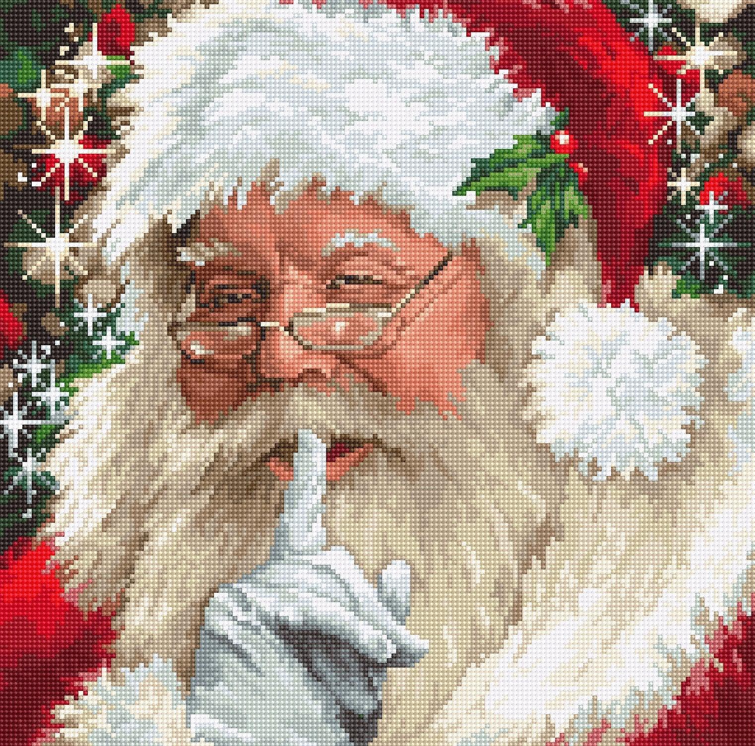 Cross-stitched portrait of Santa Claus with a red hat and white beard, surrounded by Christmas decorations.
