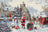 Cross-stitched scene of Santa Claus with a snowman and reindeer in a snowy village.