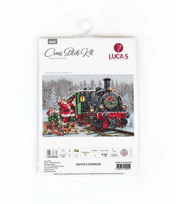 Cross stitch kit packaging featuring Santa Claus on a train in a snowy scene, brand 'Lucas' visible.