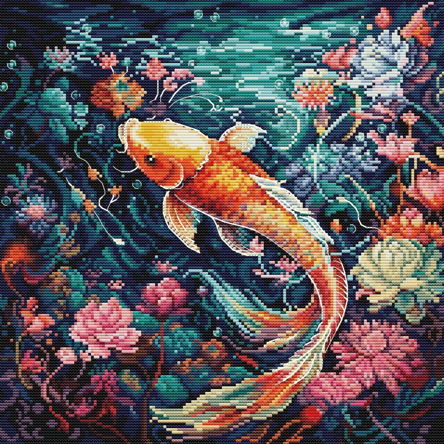 Colorful Koi fish in an underwater scene with flowers and plants
