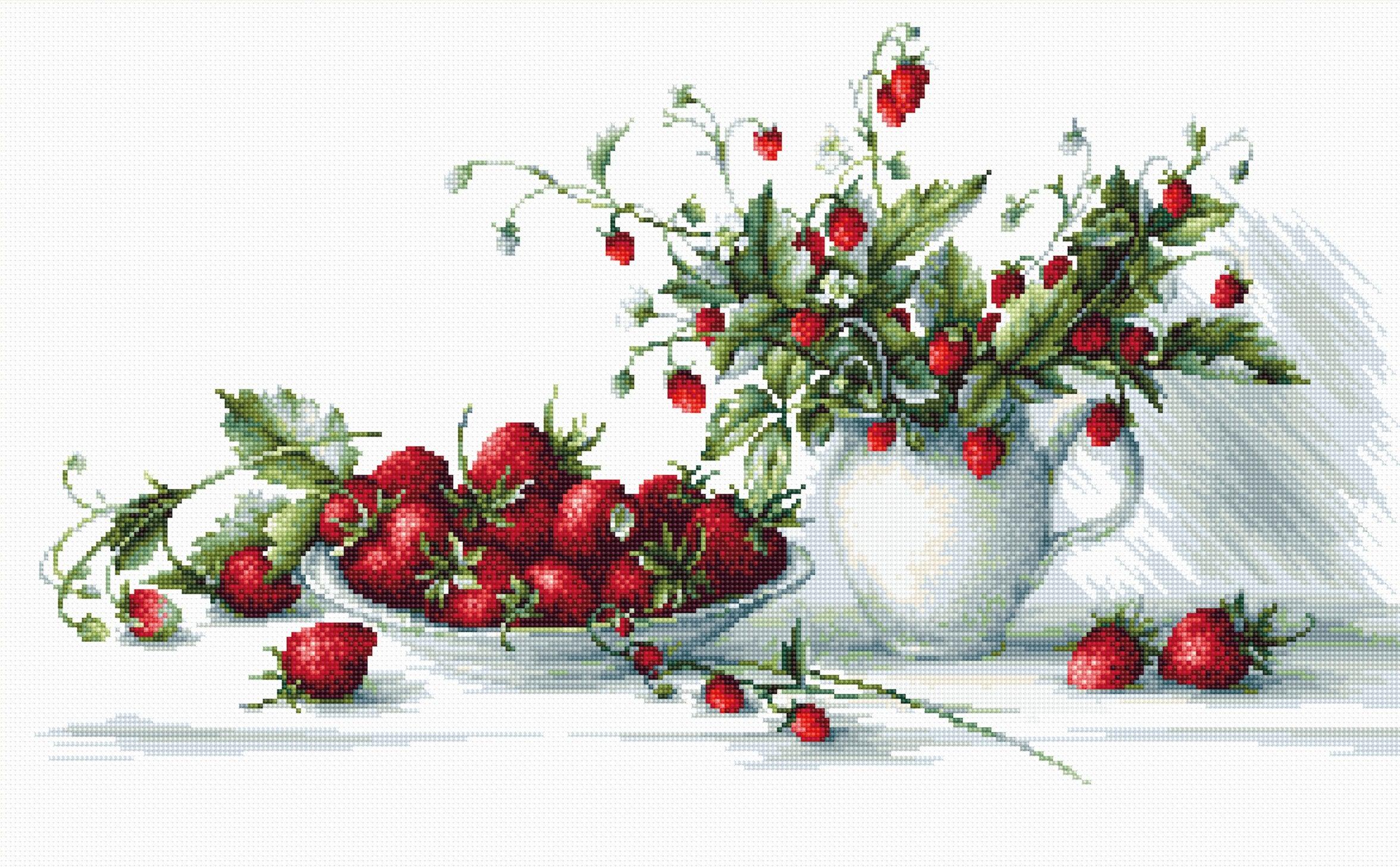Strawberries and a teapot with flowers on a white background