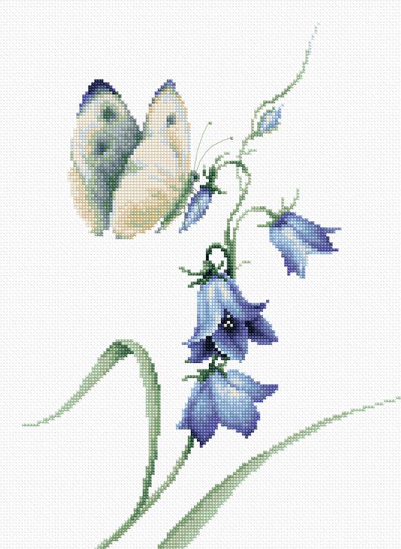 Butterfly and bluebell flowers on a white background