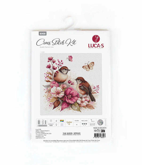 Lucas cross-stitch kit packaging with birds and flowers on a white background