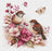 Cross-stitched design of two birds and pink flowers on a white background