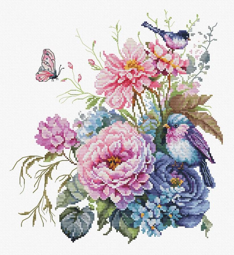 Cross-stitched design of flowers and birds on a white background