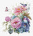 Cross-stitched design of flowers and birds on a white background