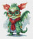 Cross-stitched design of a green dragon-like creature with red glasses and scarf on a white background