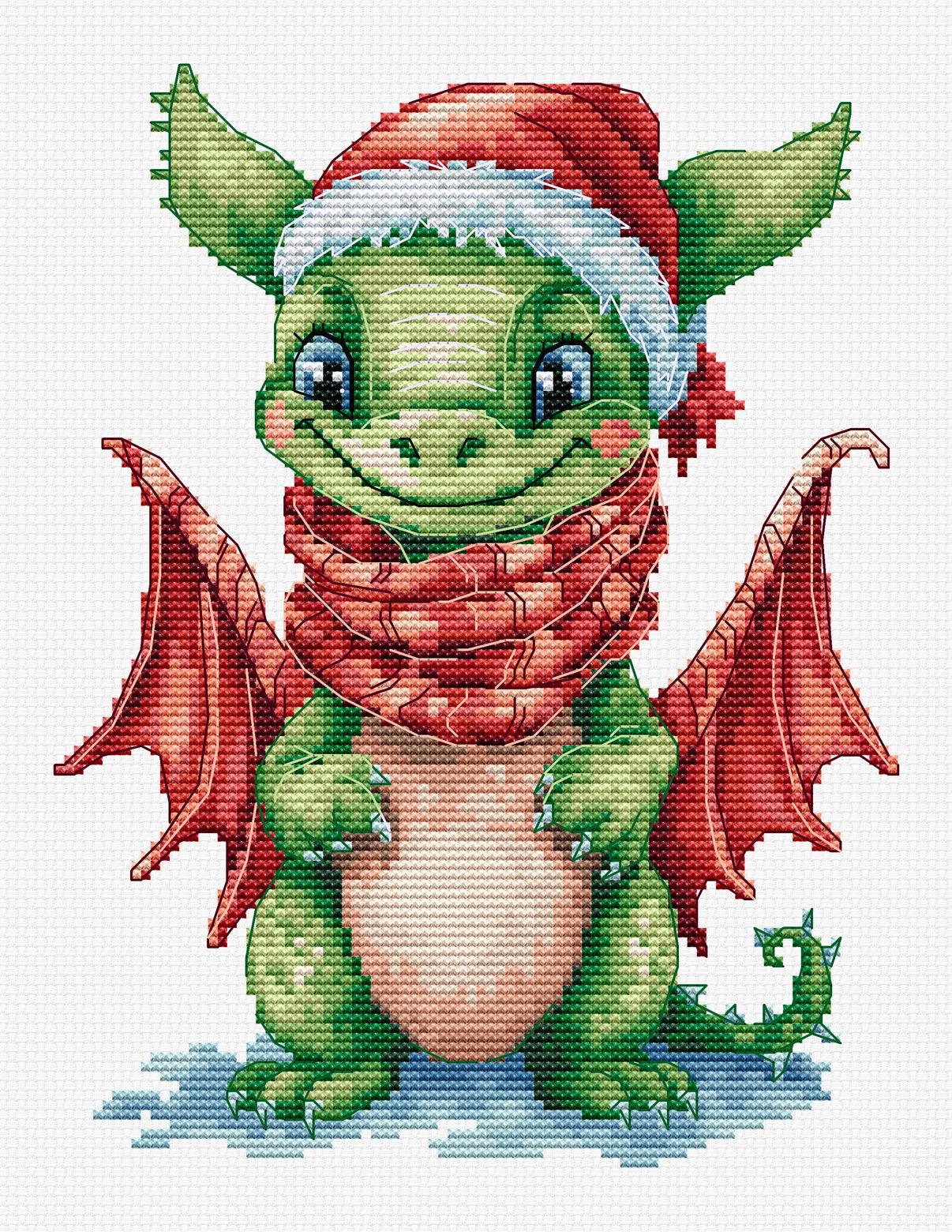 Cross-stitched design of a green dragon wearing a Santa hat and scarf on a white background