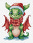 Cross-stitched design of a green dragon wearing a Santa hat and scarf on a white background