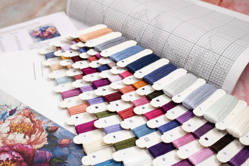 Color swatch with yarn samples on a fabric background