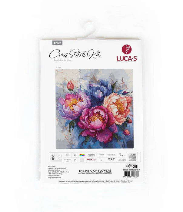 Lucas Cross Stitch Kit packaging with floral design on a white background