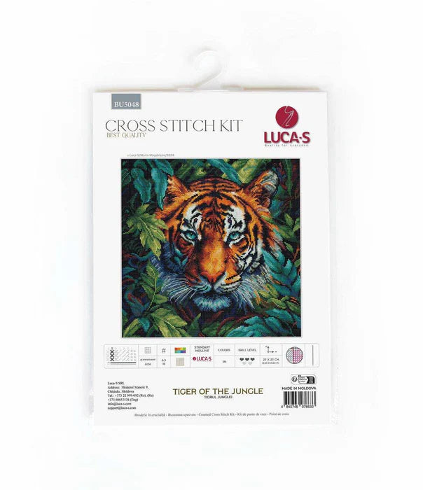 Cross stitch kit packaging with a tiger design and Luca's branding on a white background