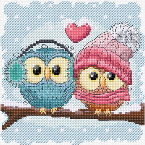 Cross-stitched design of two owls on a branch with a heart in the background