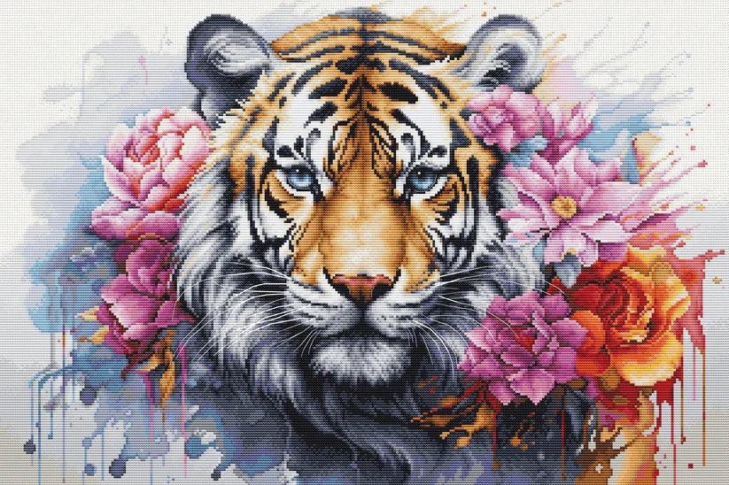 Tiger's face surrounded by colorful flowers on a abstract background