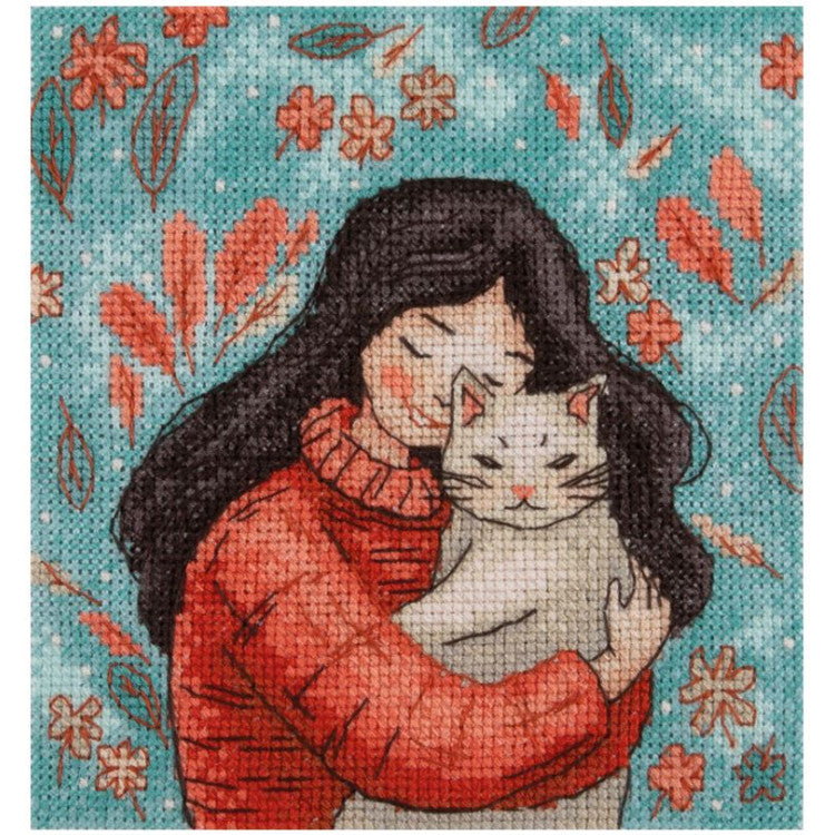 KL8-559 Cross stitch kit KLART "A girl with a cat" 12 x 13 cm