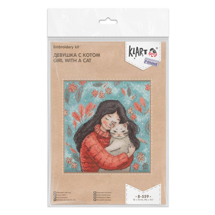 KL8-559 Cross stitch kit KLART "A girl with a cat" 12 x 13 cm