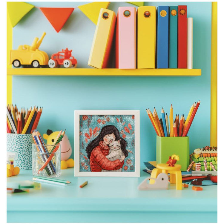KL8-559 Cross stitch kit KLART "A girl with a cat" 12 x 13 cm
