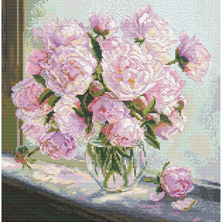 CROSS STITCH KIT "PEONIES ON THE WINDOW" 24.5 X 24.5 CM SANP-80